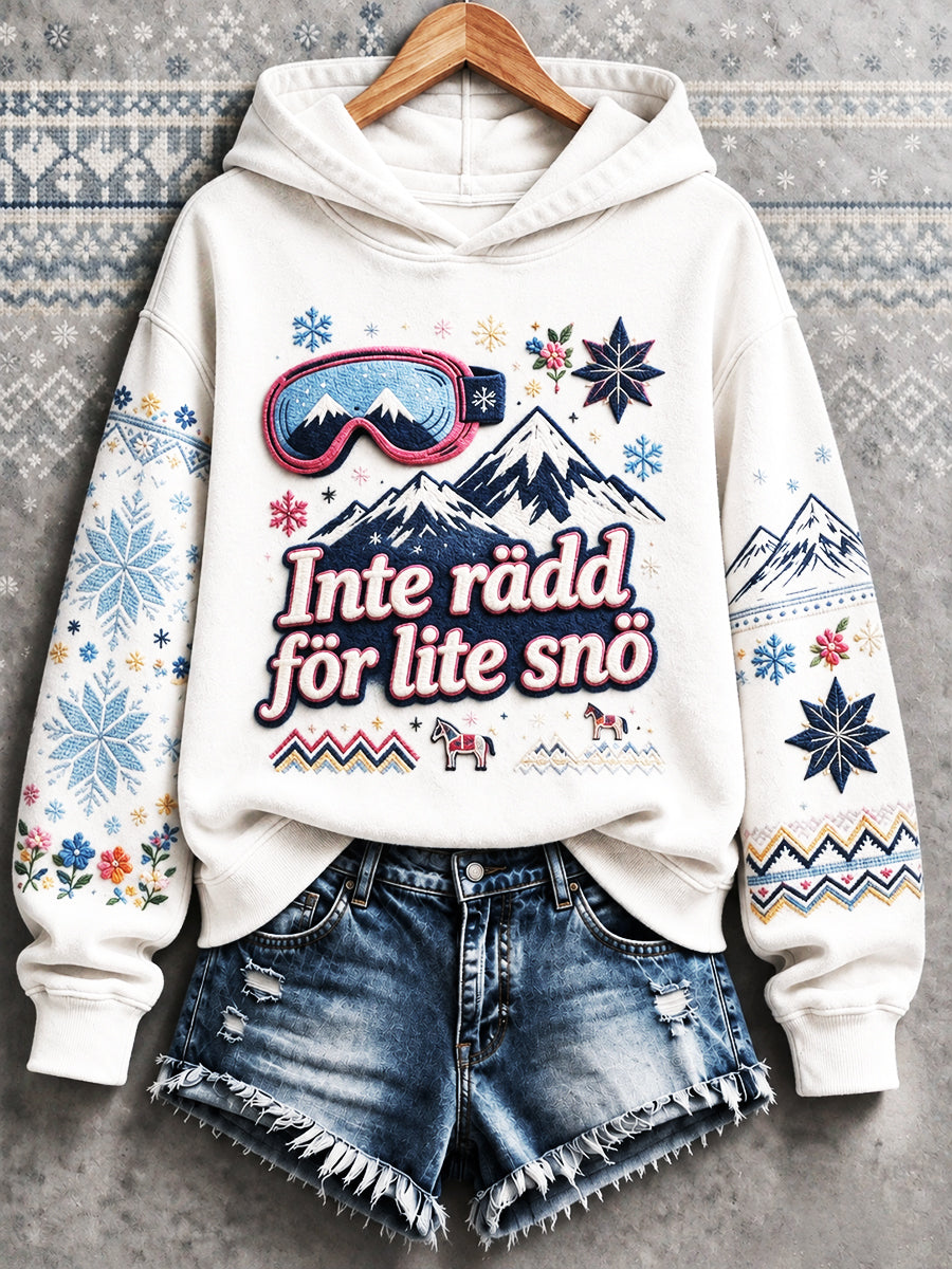 Kvinnors Vit Skidåkning Slogan-tryckt Casual Hooded Sweatshirt