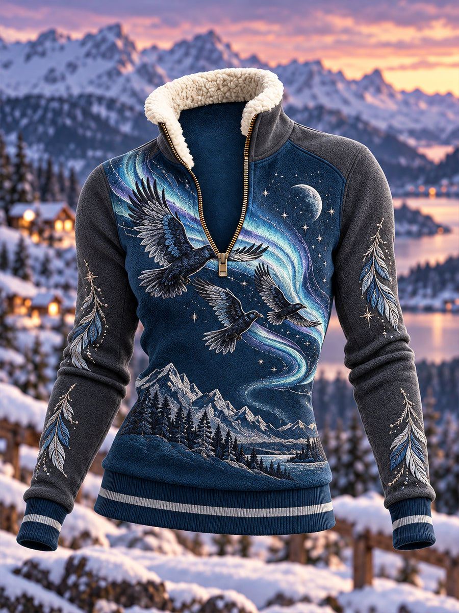 Retro Viking “Black Night Aurora” Casual Zip-Up Sweatshirt