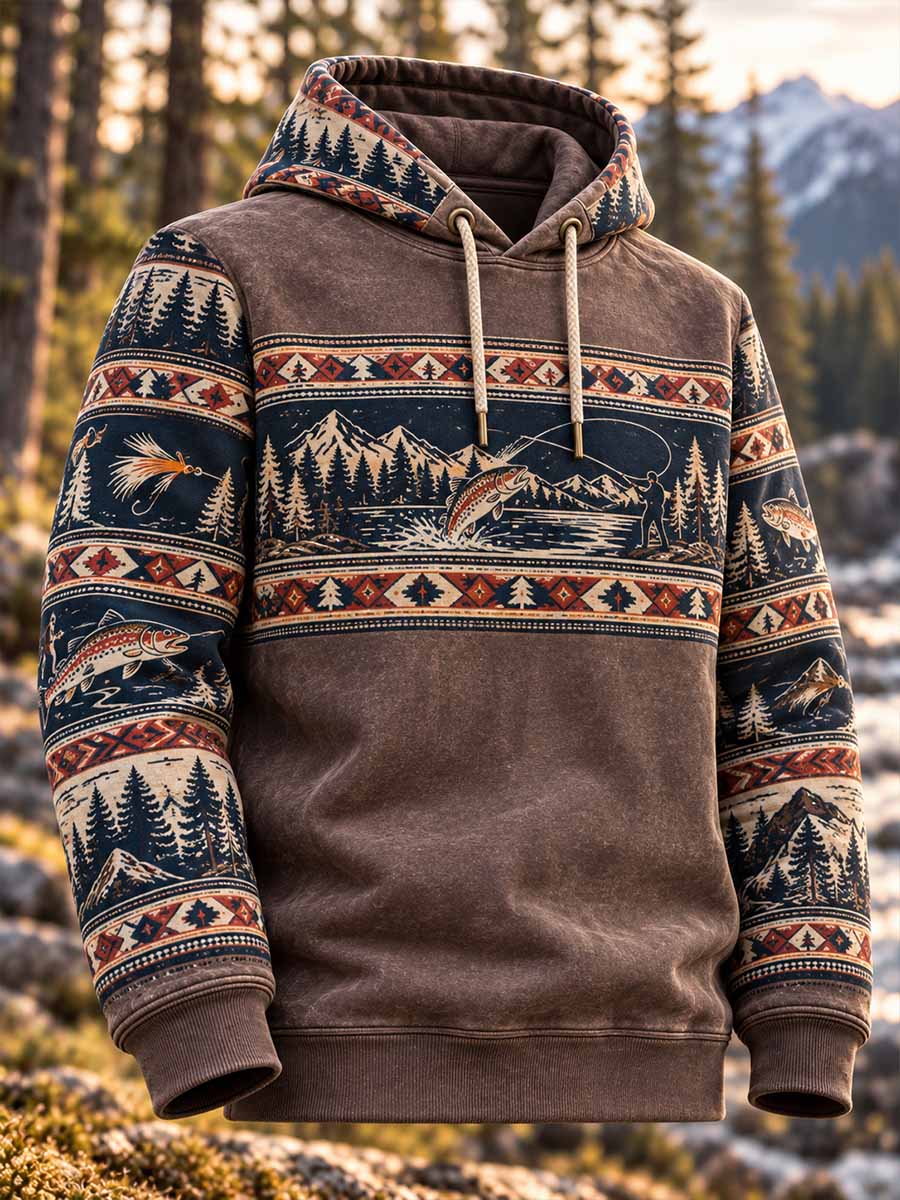 Herrhoodie med vintagefiskmönster