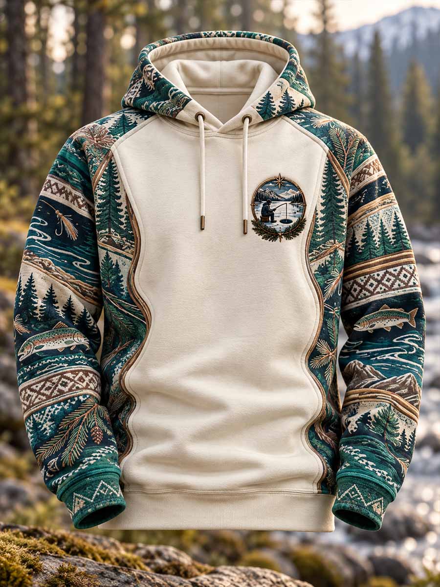 Herrhoodie med vintagefiskmönster