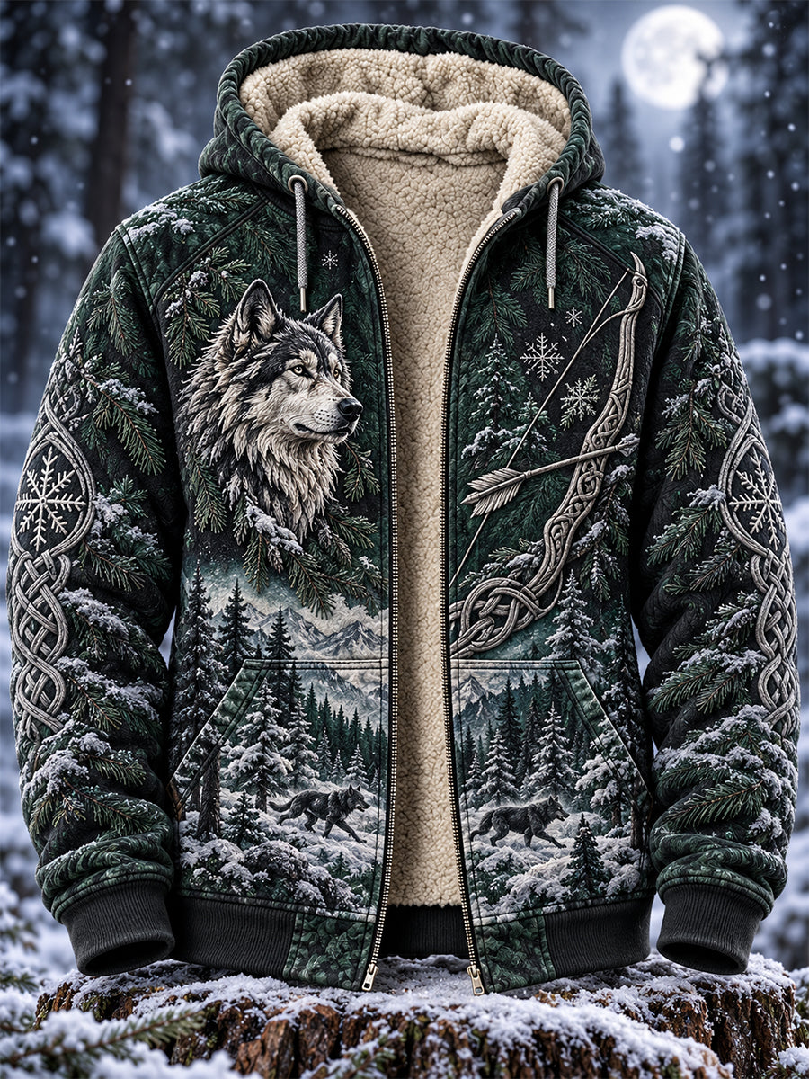 Vintage nordisk fleecefodrad hoodie med dragkedja i vikingastil