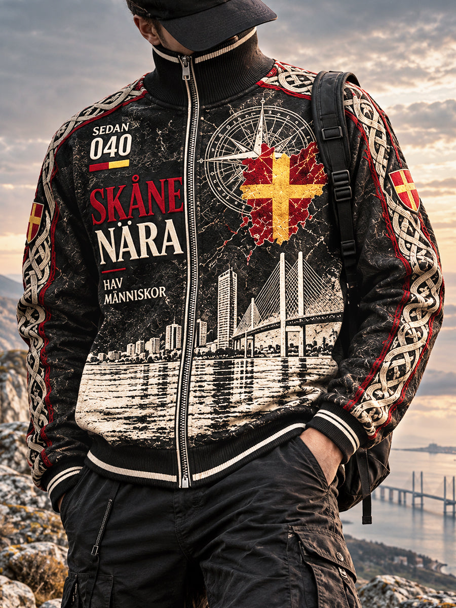 Svart svenska Skåne-tryckta Casual Zip-Up Jacka