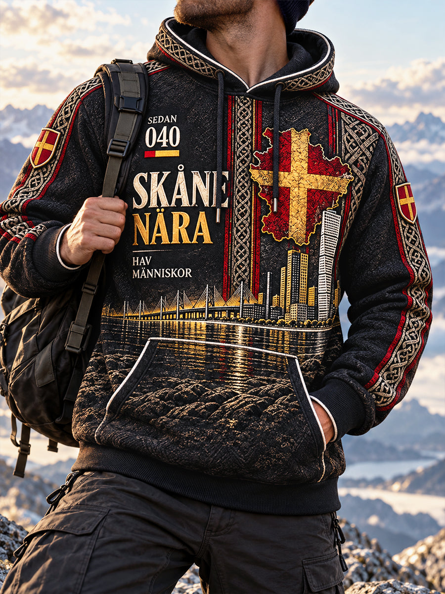 Mäns svart svenska Skåne-tryckt Casual Hooded Sweatshirt