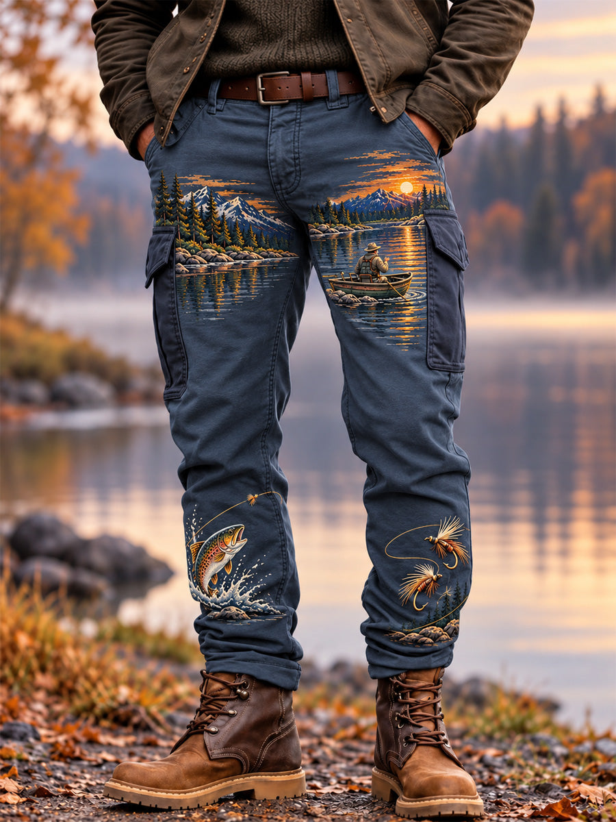 Mäns Vintage Vildmarks fiske Print Casual Work Byxor