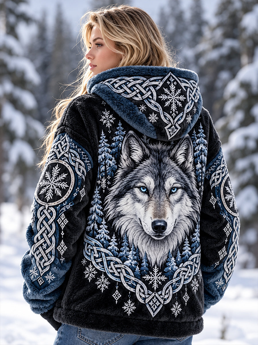 Dams höst- och vinterflanell-hoodie med djurmotiv i nordisk stil