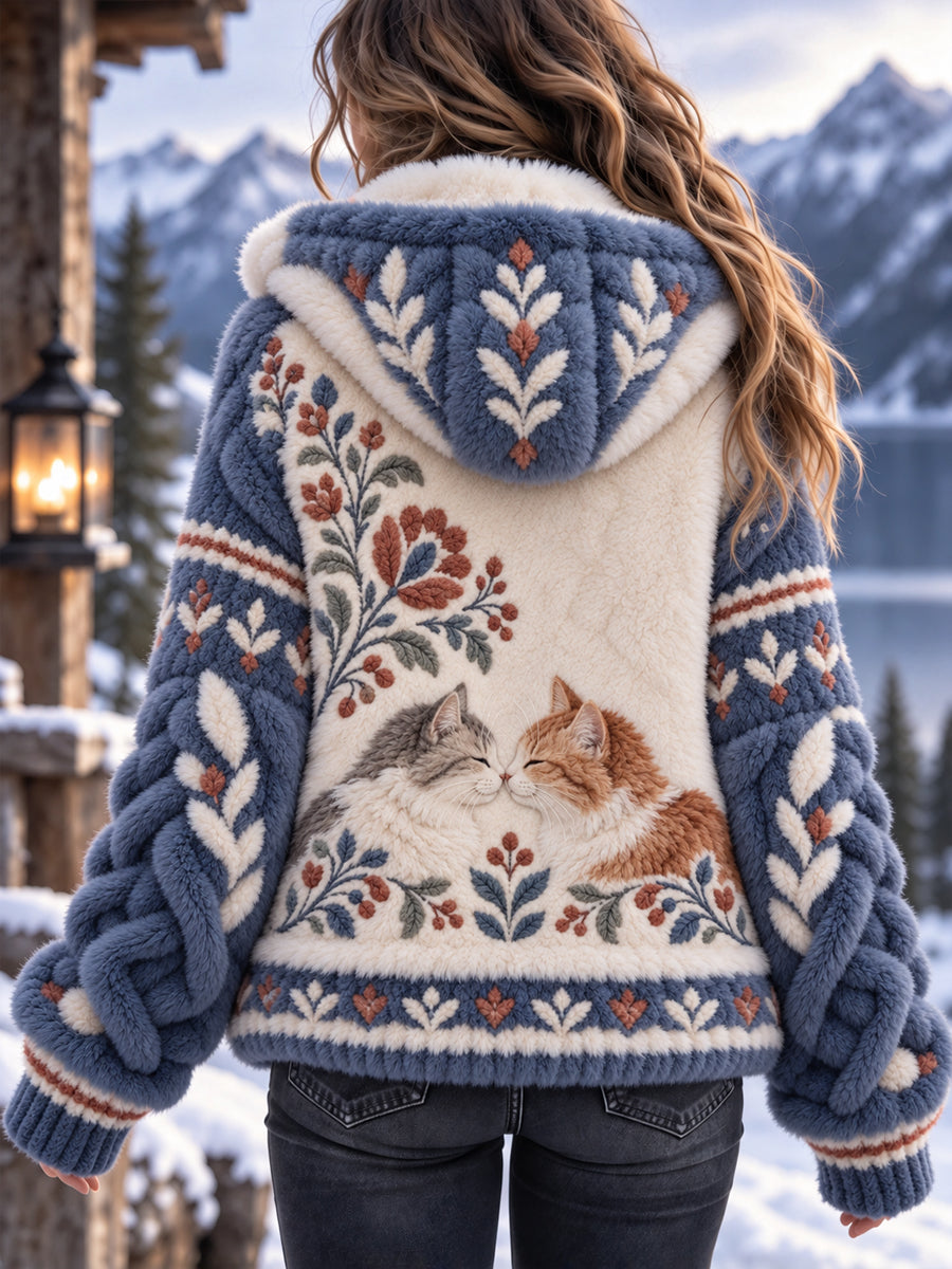Retro Nordic-Style Söt katt Flannel Hoodie Flannel