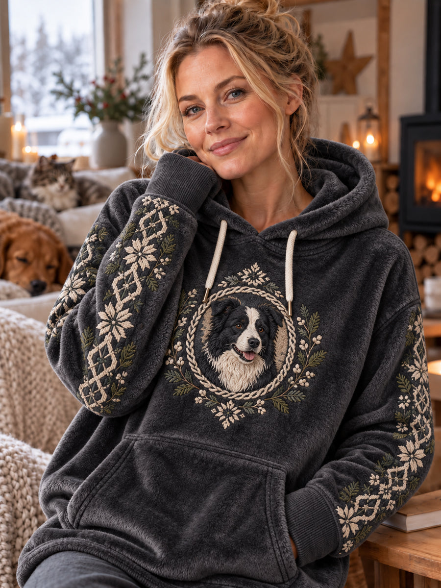 Retro Nordic-Still Husdjursgräns Collie Flannel Hoodie Collie