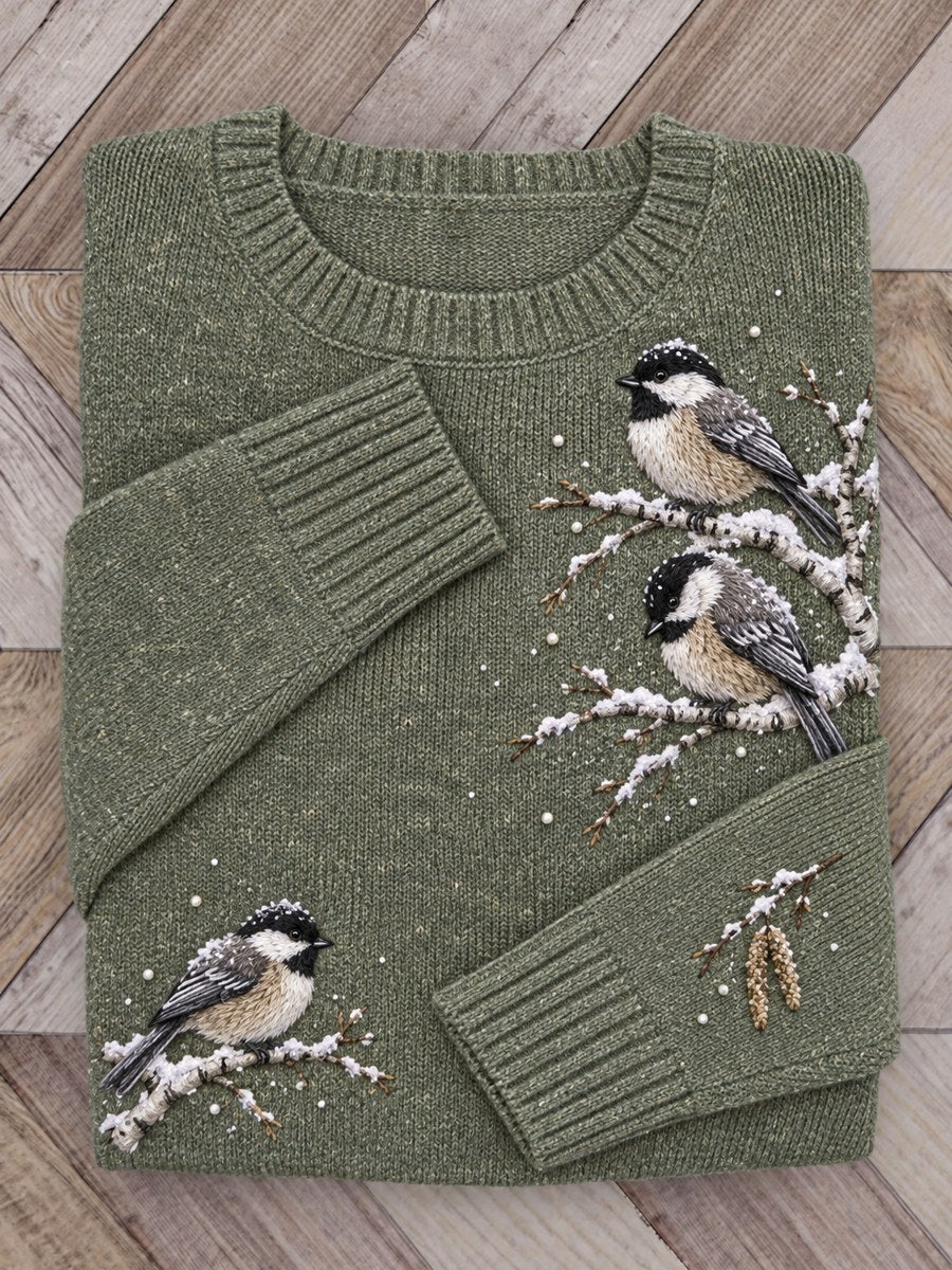 Kvinnors snöja vinter svart kapsla Chickadee fåglar på grenar Skriv ut besättning hals tröjar
