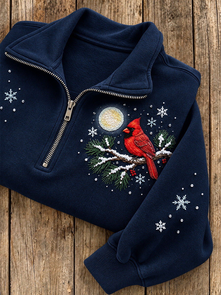 Kvinnors vinter kardinal mönster Casual Half-Zip Sweatshirt