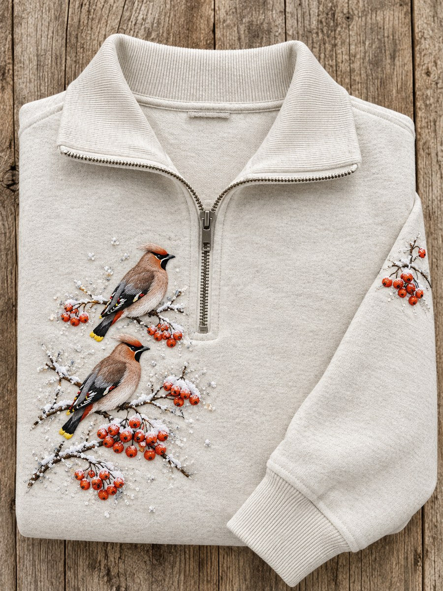 Kvinnors snöig vinter Bohemian Vaxwing på grenen Print Zip Up Sweatshirt