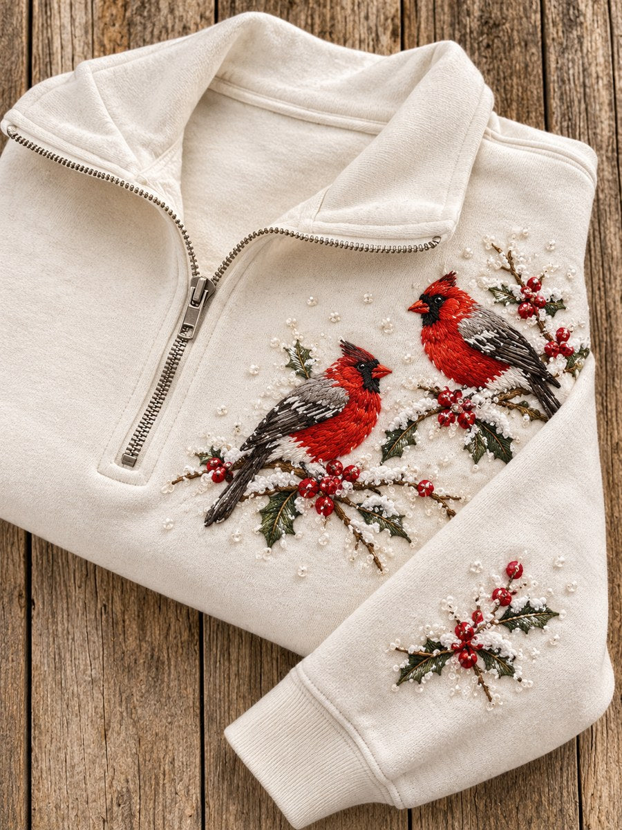 Kvinnors snöja vinter röd kardinal på grenen Print Zip Up Sweatshirt
