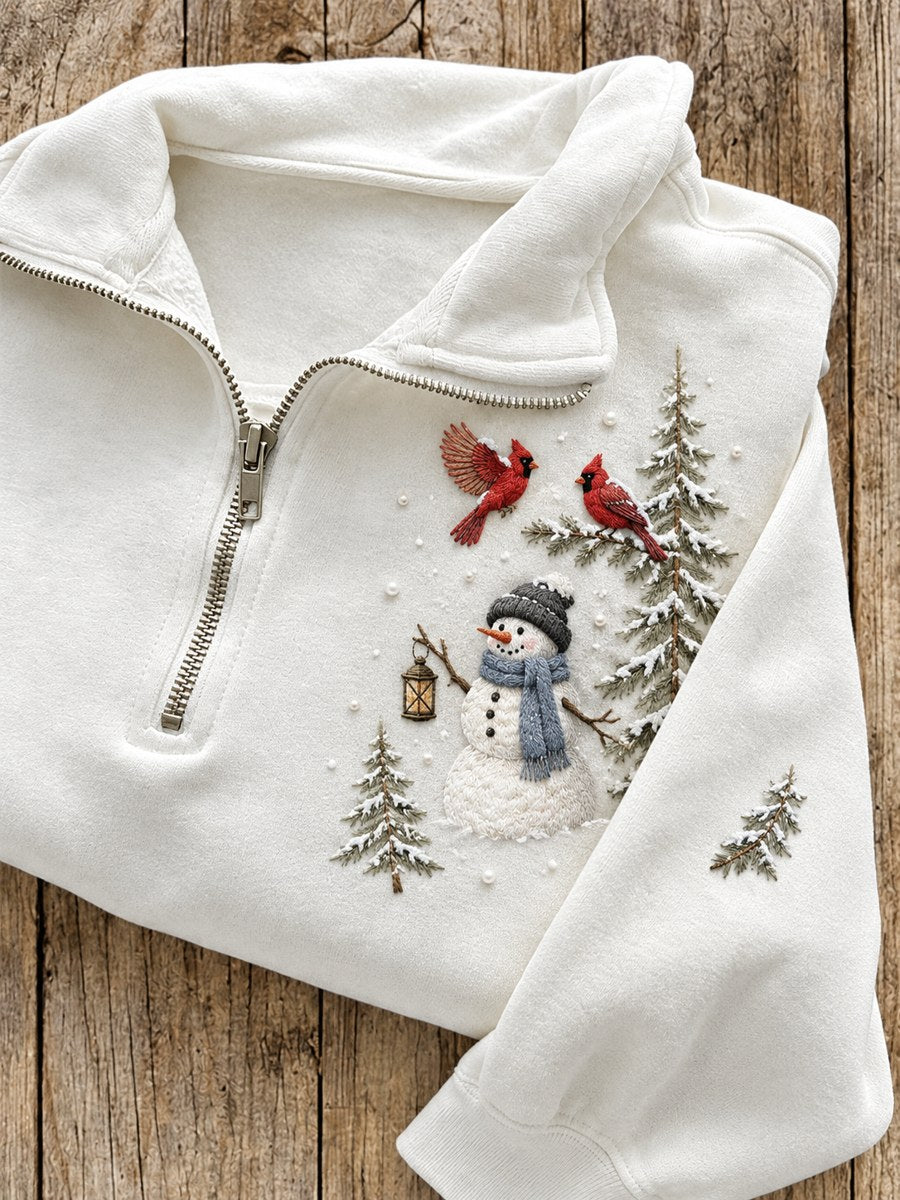 Kvinnors snöig vinter Snowman & röda kardinals Skriv ut Zip Up Sweatshirt