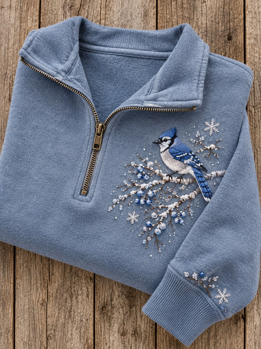 Kvinnors snöja vinterblå Jay på grenen Print Zip Up Sweatshirt