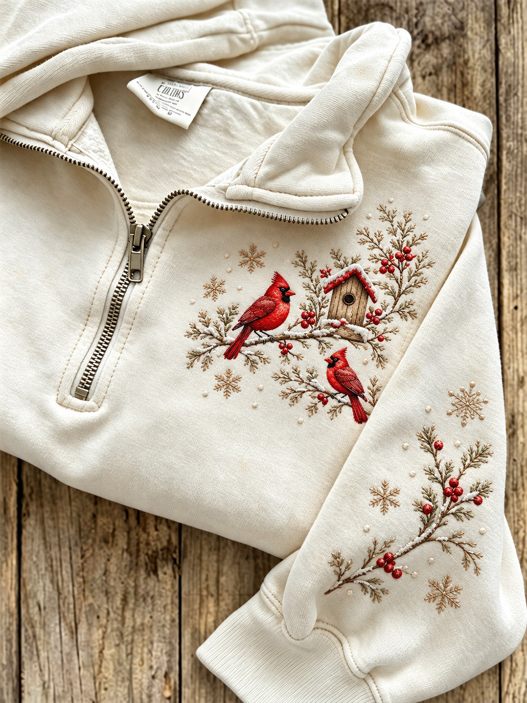Kvinnors vinter röd kardinal mönster Casual Half-Zip Sweatshirt