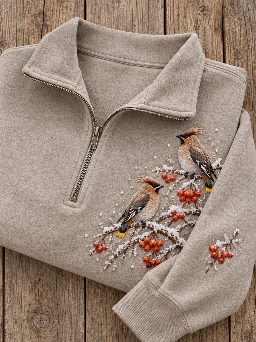 Kvinnors snöja vinter Bohemian Vaxwing fåglar på grenar Print Zip Up Sweatshirt