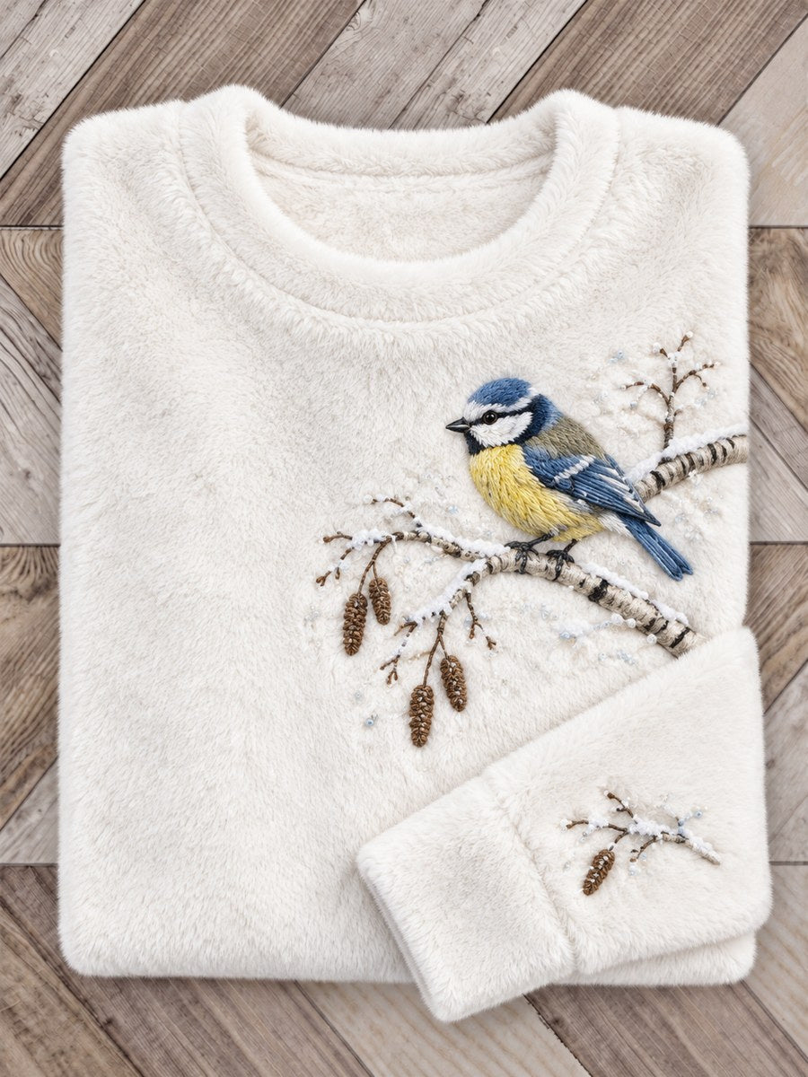 Kvinnors snöiga vinterblå Tit på grenen Print Flannel Sweatshirt