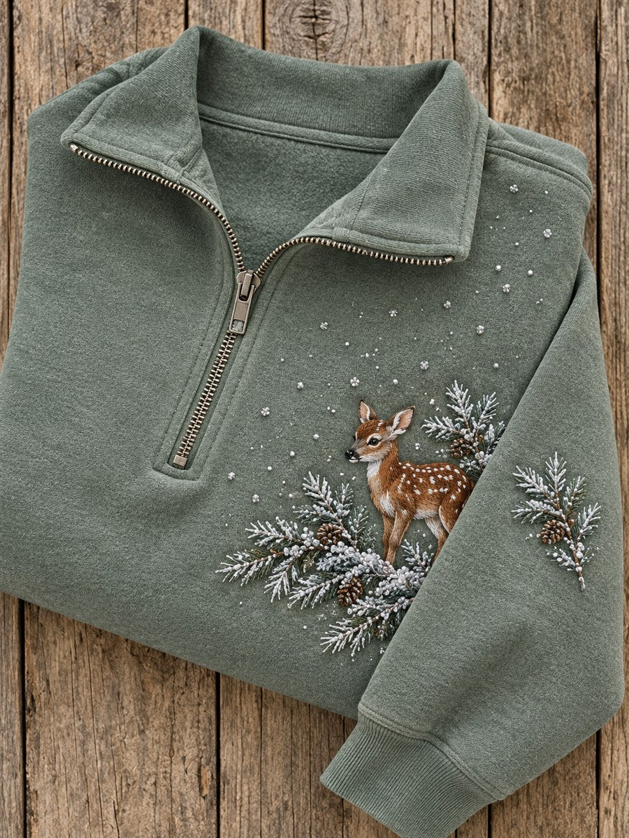 Kvinnors snöja vinterskog hjort Print Zip upp Sweatshirt