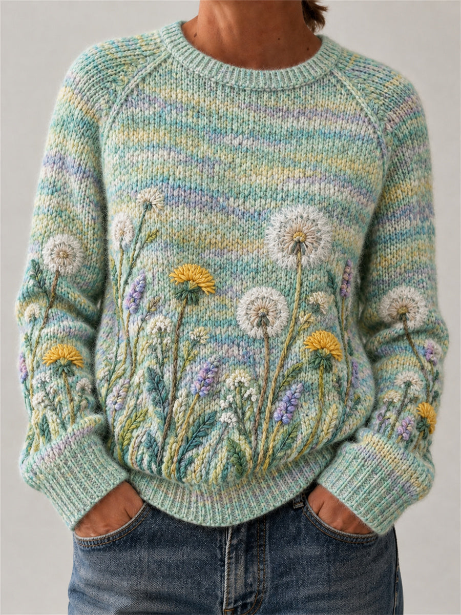 Kvinnors Vintage Classy Dandelion Floral Art Print besättning hals tröjar