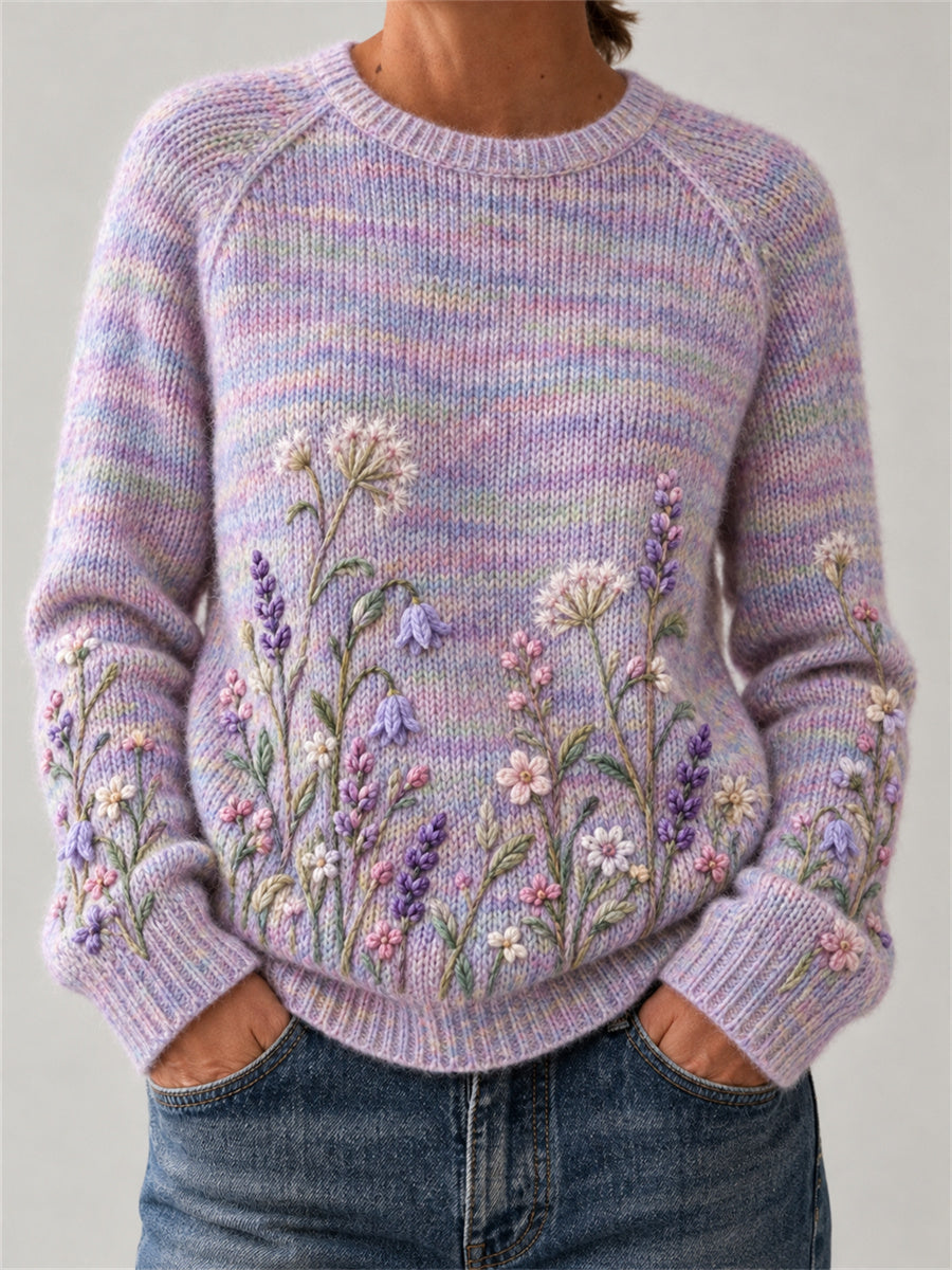 Kvinnlig vintage elegant tröja med bred rand och vild blommig konstprint