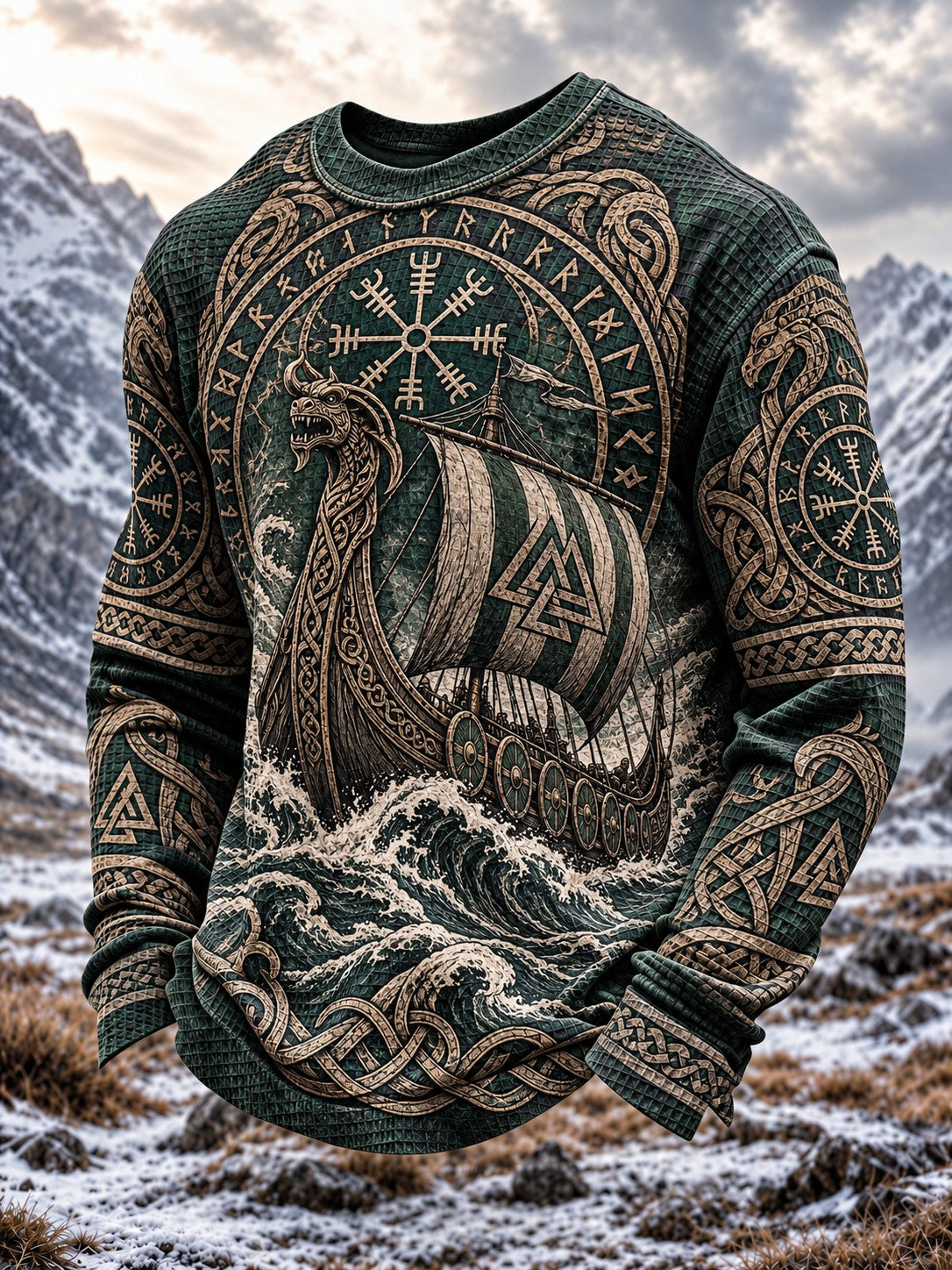 Herr-T-shirt med vikingamönster, våffelväv och långa ärmar