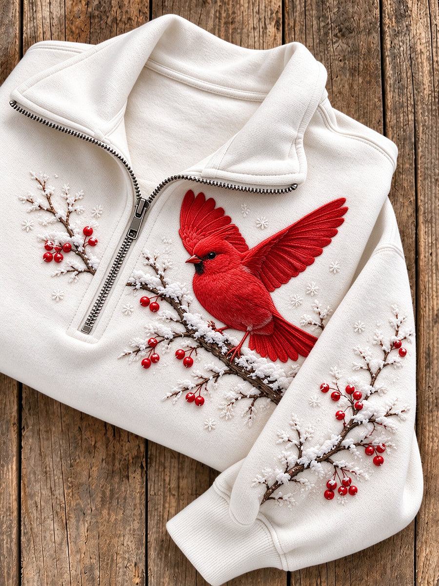 Kvinnors snöiga vinter röd fågel på grenen Print Zip Up Sweatshirt