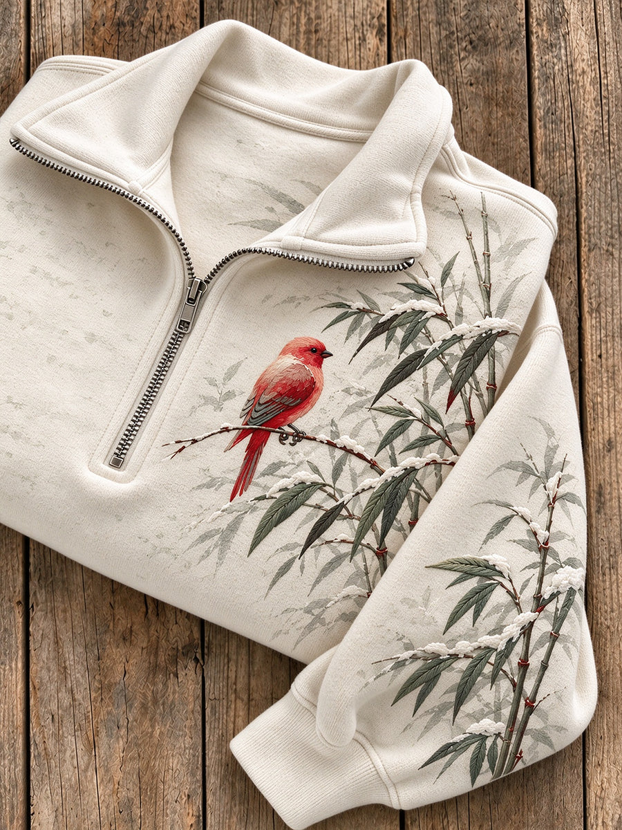 Kvinnors vinter röd fågel på snöig Bambus gren Print Zip Up Sweatshirt