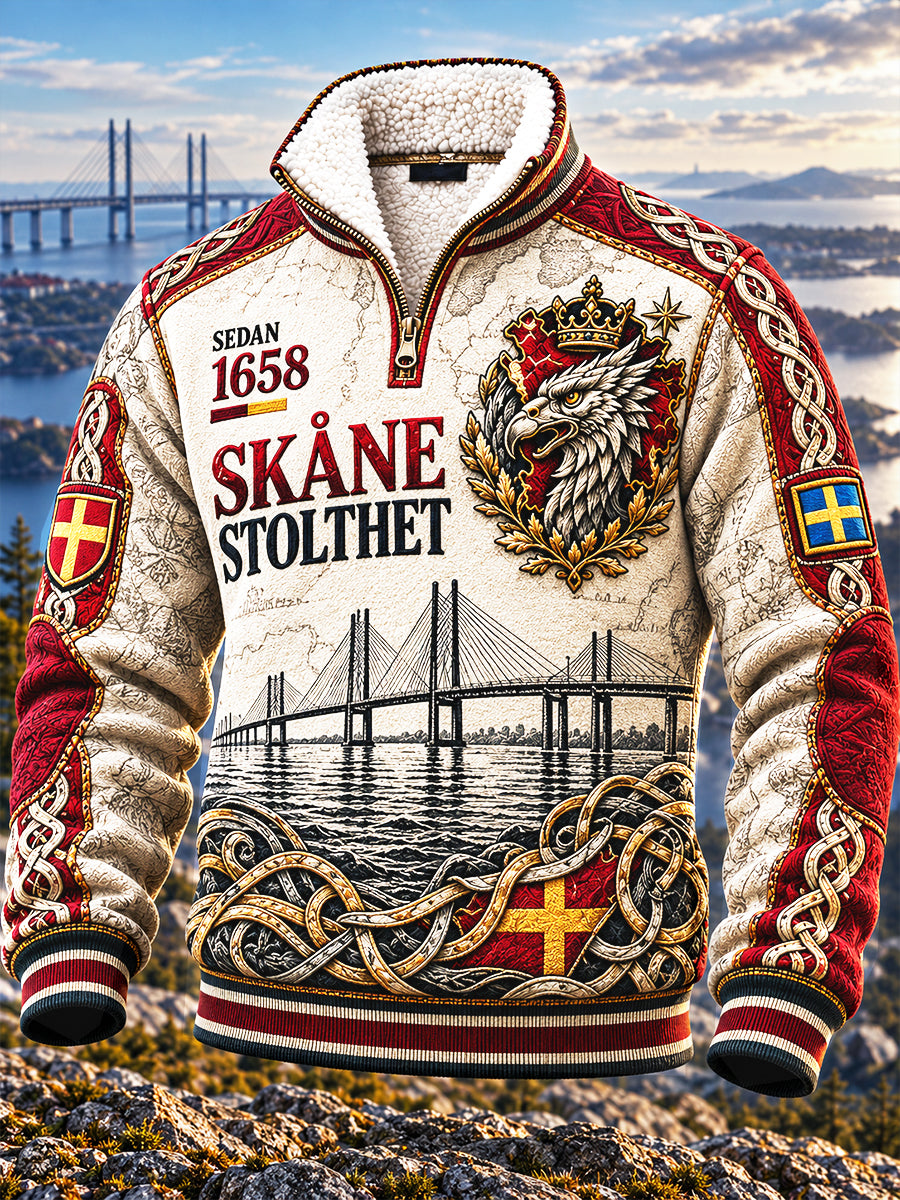 Herrens Vintage Vit Svenska Skåne Skriv ut Casual Stand-Up Krage Sweatshirt