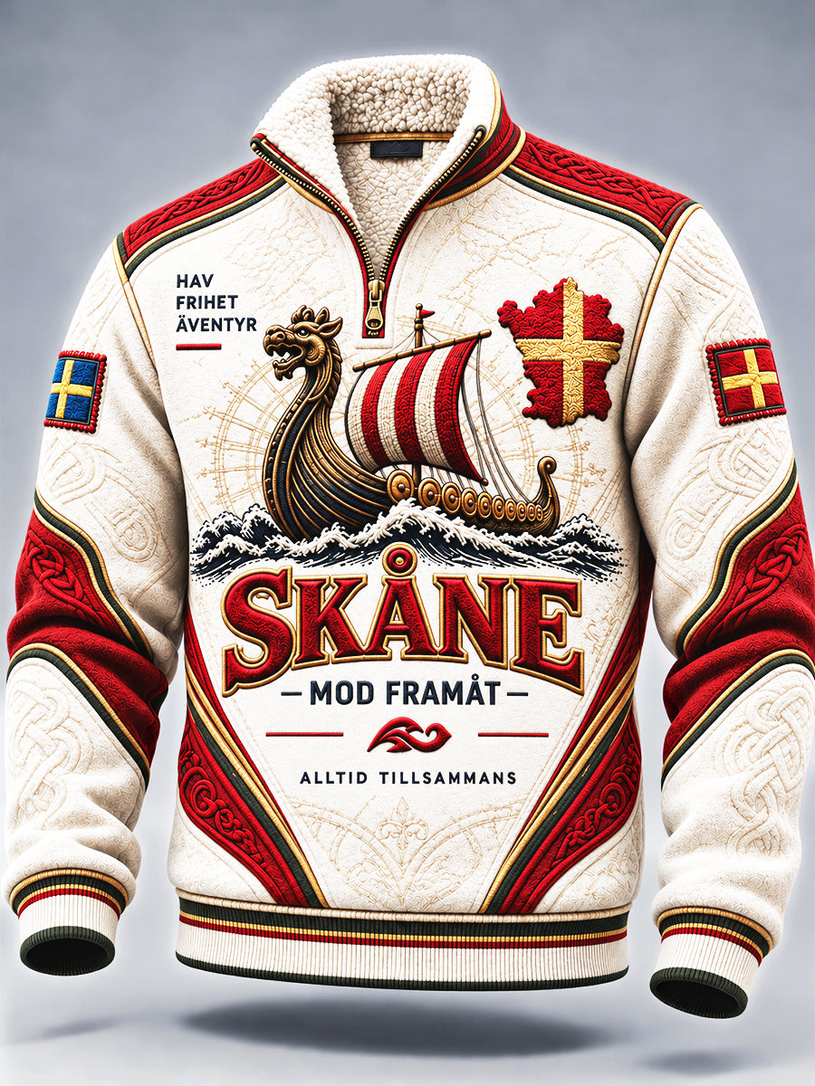 Vit Svenska Skåne-tryckt Casual Stand-Up krage Sweatshirt