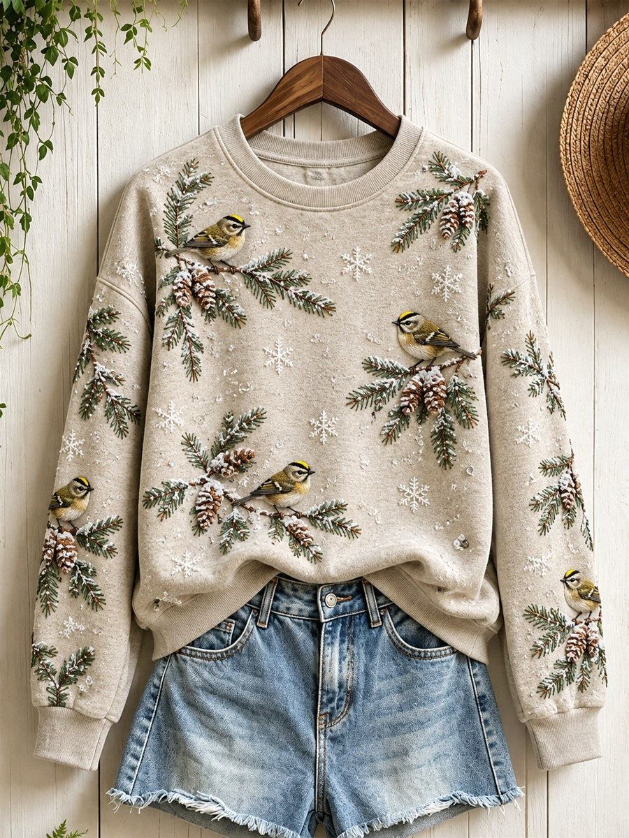 Kvinnors snöiga vinter guldkrest fåglar på grenar Print Sweatshirt