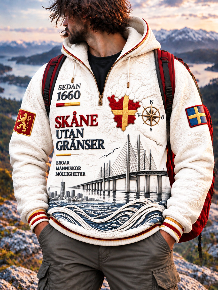 Vita Svenska Skåne-tryckt Casual Zip-Up Hoodie.