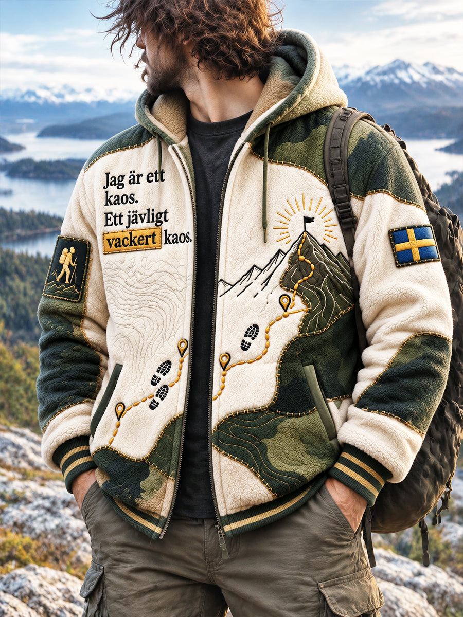 Mäns svenska Patchwork Jag är ett kaos. Ett jävligt vackert kaos Skriv ut Casual Fleece-Lined Hooded Jacka
