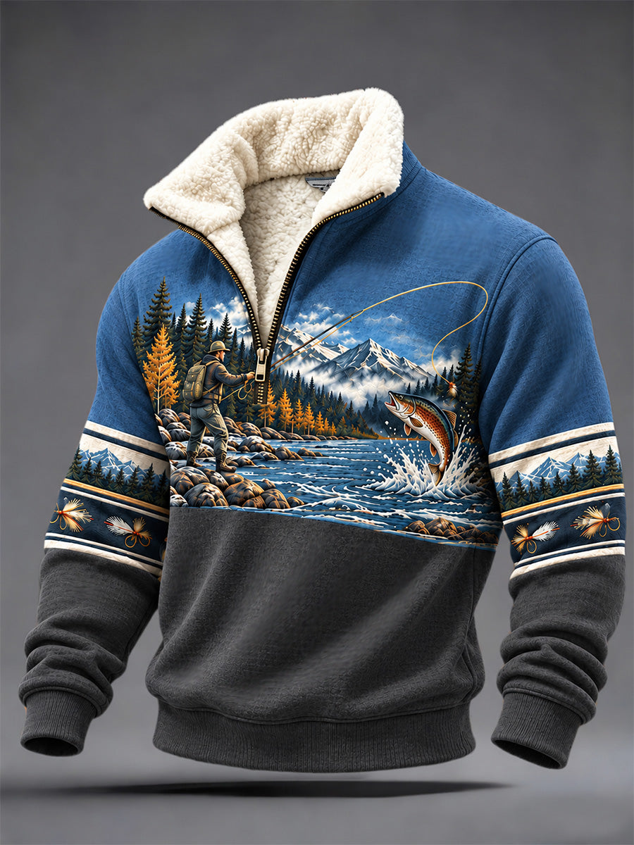 Mans skjorta i vintagestil med vildmarks- och fisketryck, plysch och uppfälld krage