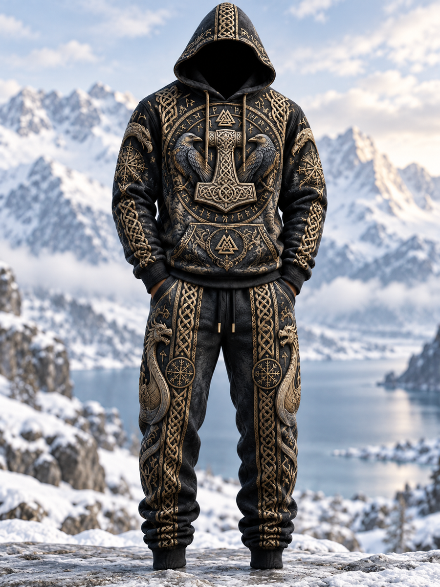 Herrset med vikingart-hoodie