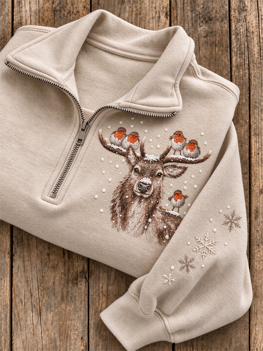 Kvinnors snöig vinter Stag & Robin Print Casual Half-Zip Sweatshirt
