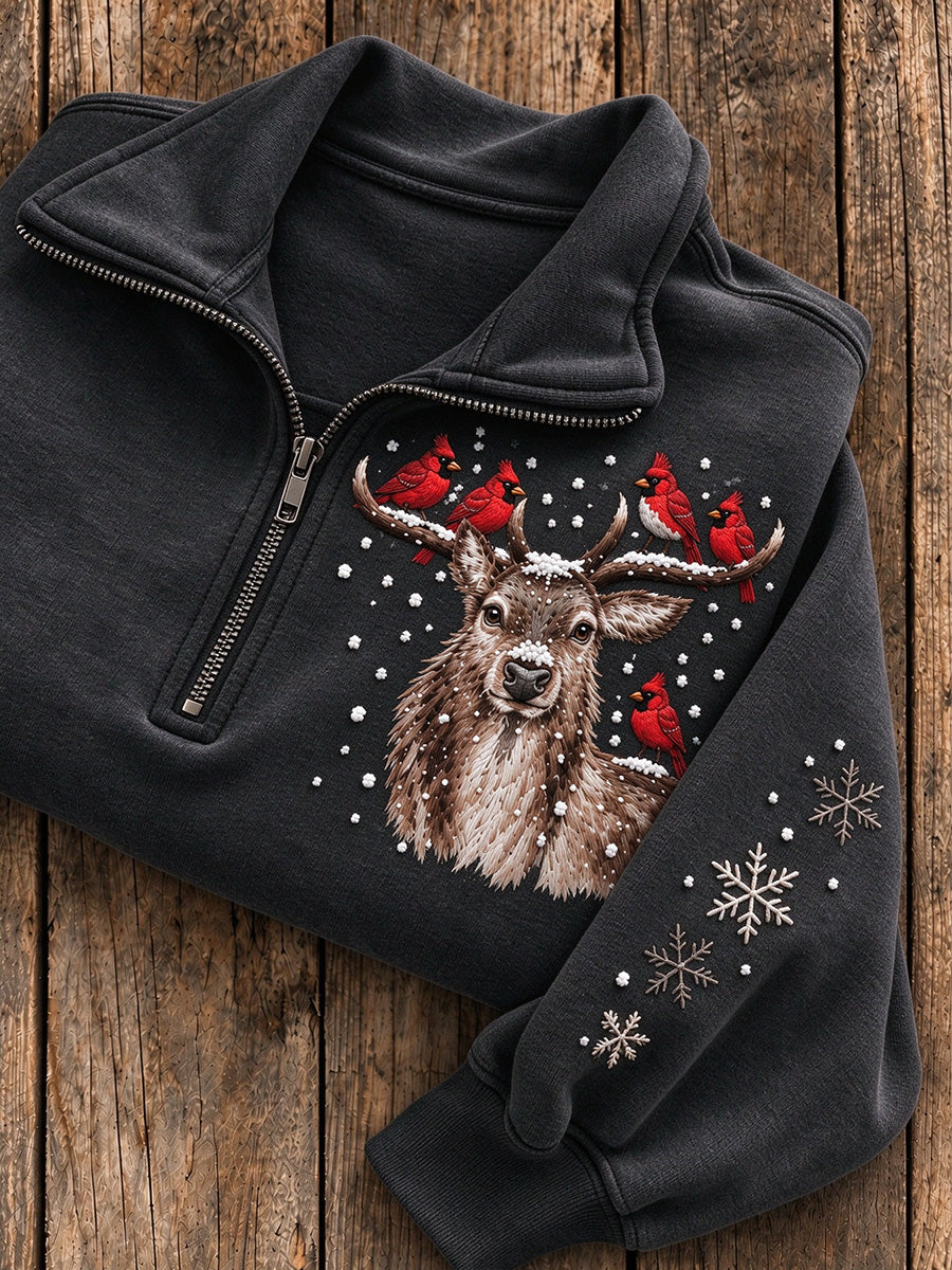 Kvinnors snöig vinter stav & kardinal Print Casual Half-Zip Sweatshirt