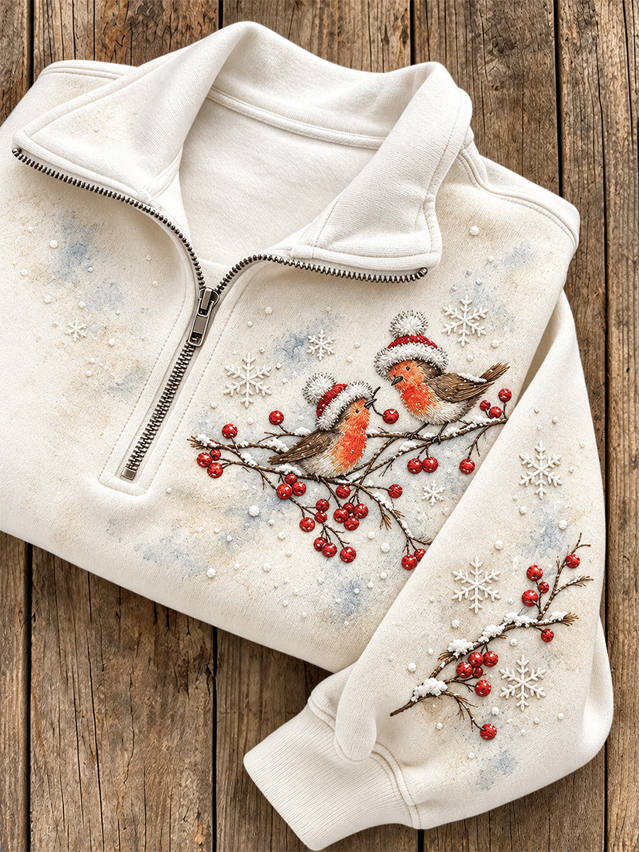 Kvinnors snöja vinter Robin på grenen Print Casual Half-Zip Sweatshirt