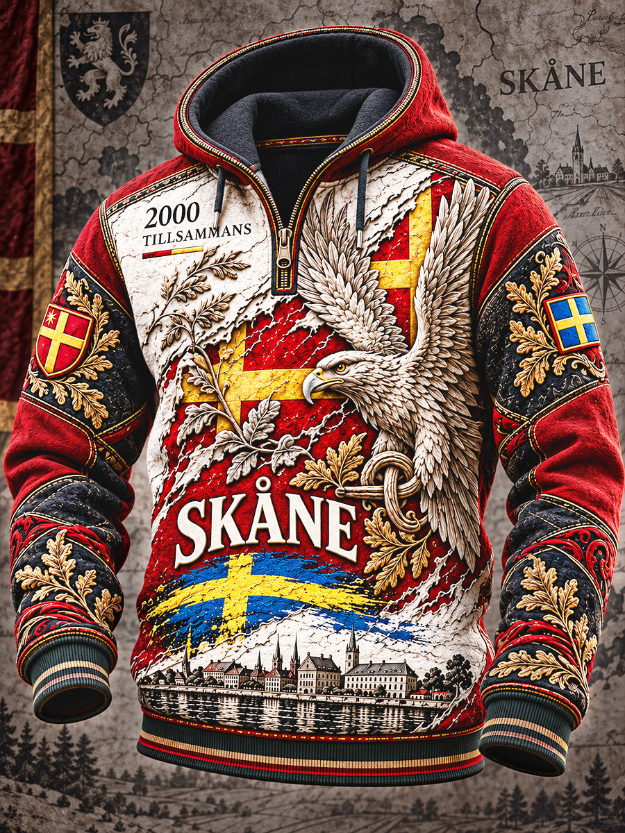 Herrkläder Vintage Svensk Skåne-mönstrad Casual Tröja med Huva