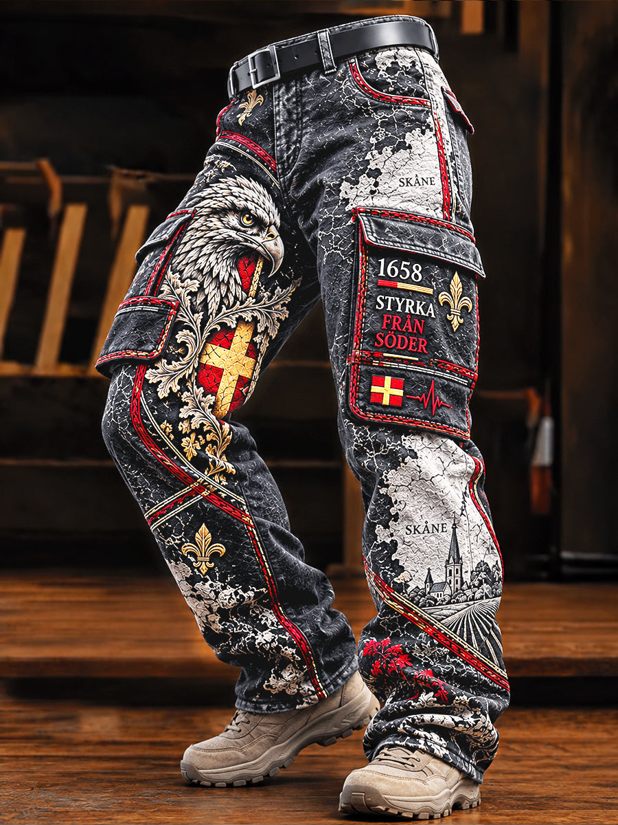 Mans Vintage Svenska Skåne-tryck Casual Arbetsbyxor