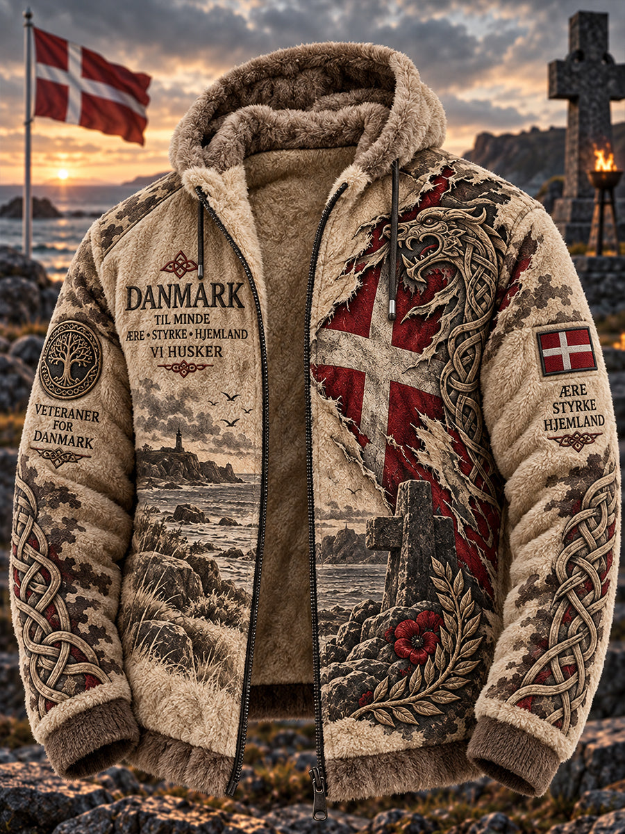 Mansflanelljacka med huva och vikingainspirerade grafiska tryck