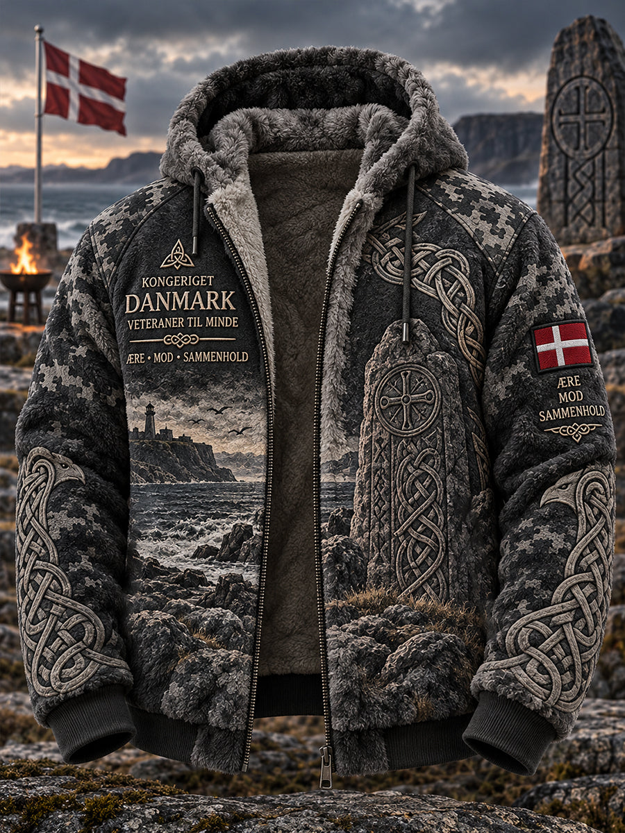 Mansflanelljacka med huva och vikingainspirerade grafiska tryck