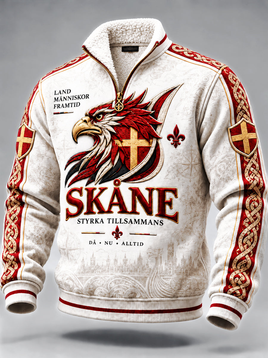 Vit, skånskinspirerad tryckt casual sweatshirt med dragkedja för män