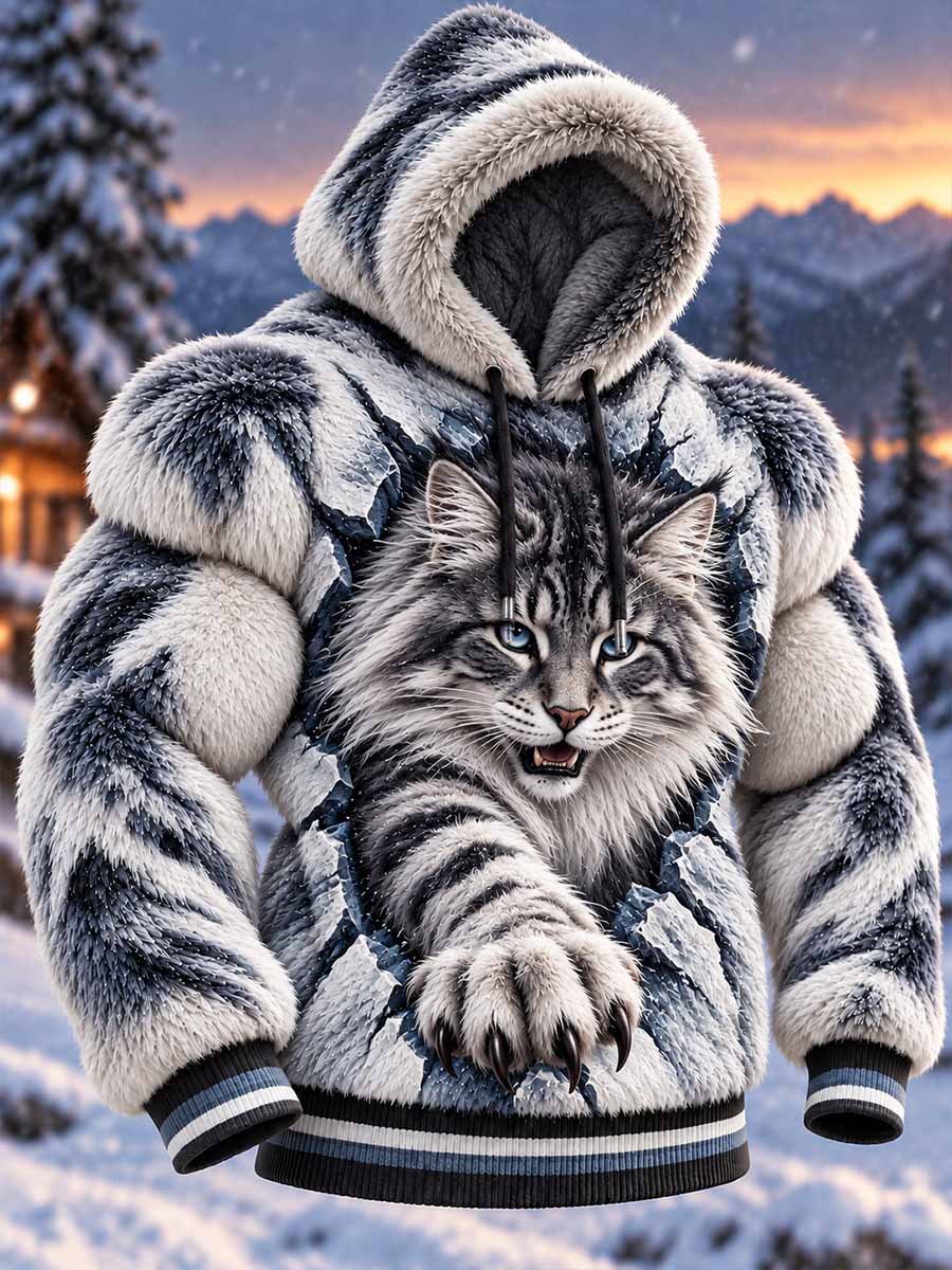 Mäns nordiska katt mönster Tryckt Flannel Hoodie Flannel