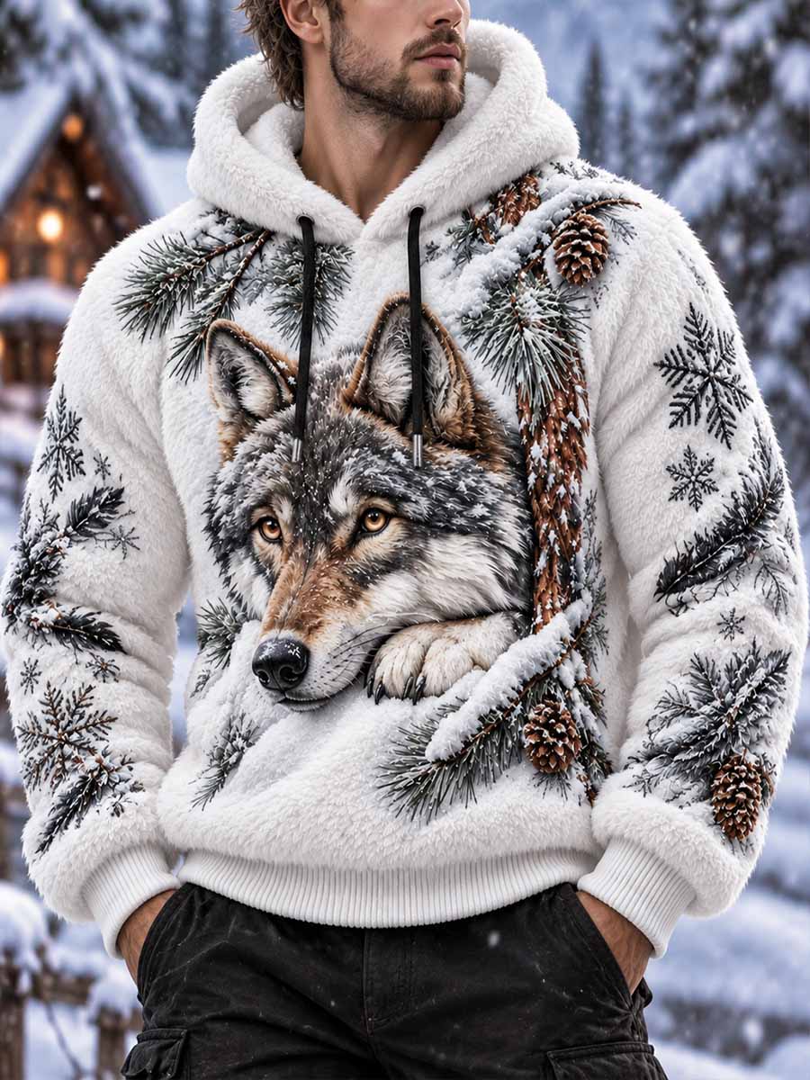 Mäns Nordic Wolf mönster Tryckt Flannel Hoodie Flannel