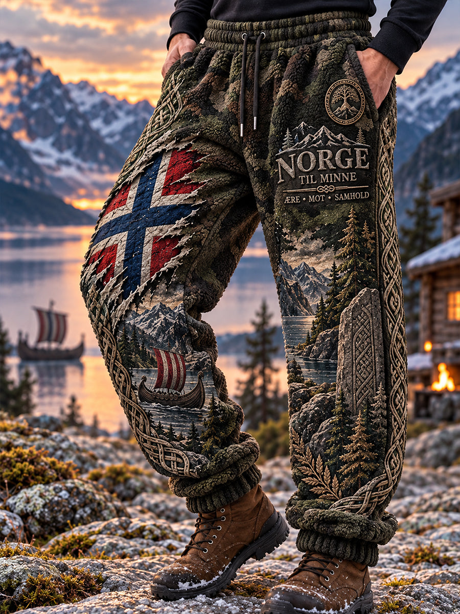 Herrflanellbyxor med tryck inspirerat av mytiska vikingavarelser