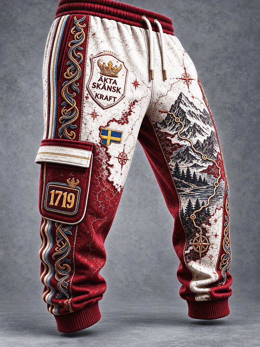 Mäns svenska Skåne Patchwork-Print Casual Sportbyxor