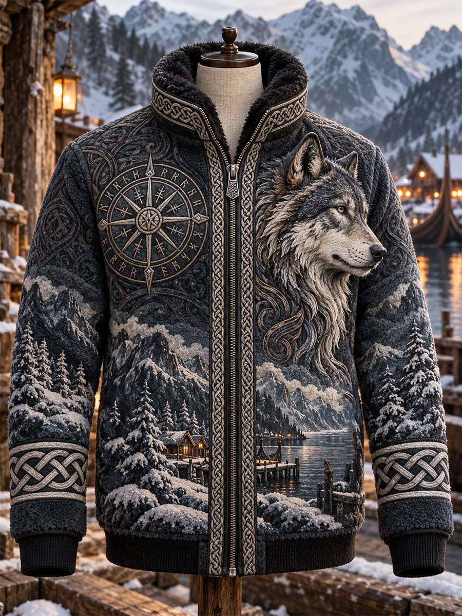 Herrjacka i retro nordisk vikingastil av flanell med dragkedja