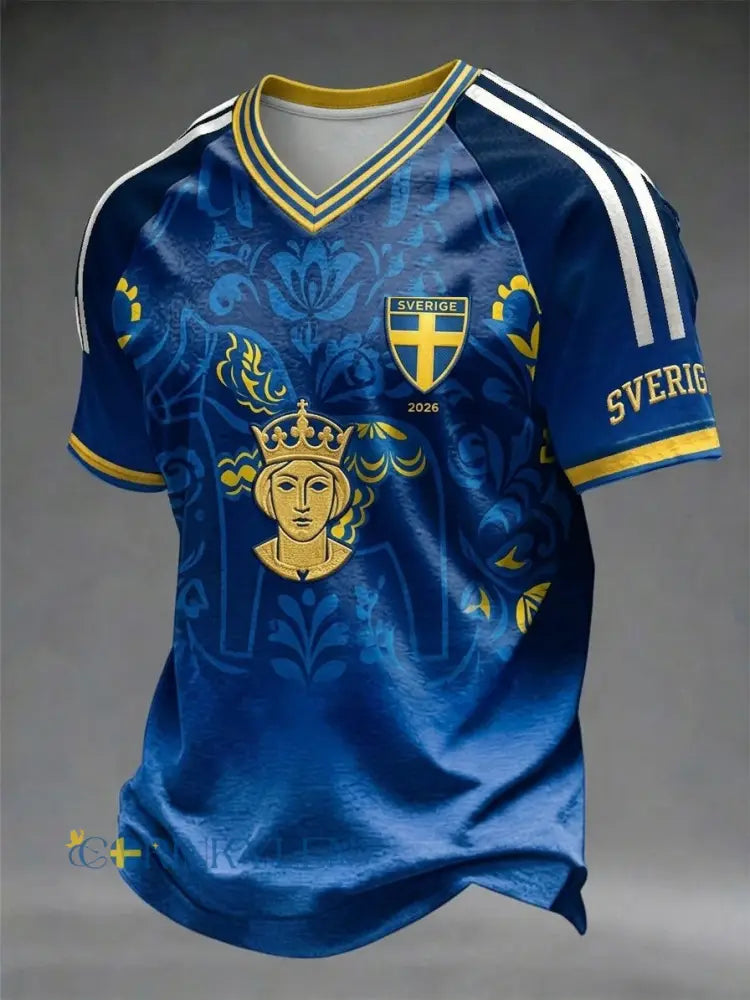 Svensk fotboll T-shirt med V-ringning och korta ärmarna för män - blå / S