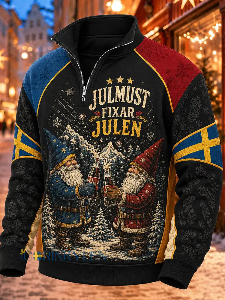 Svensk jultryckt casual sweatshirt med dragkedja för män - svart / S