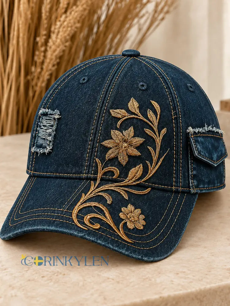 Unisex-hatt med konsttryck av blommor - djupblåa / S