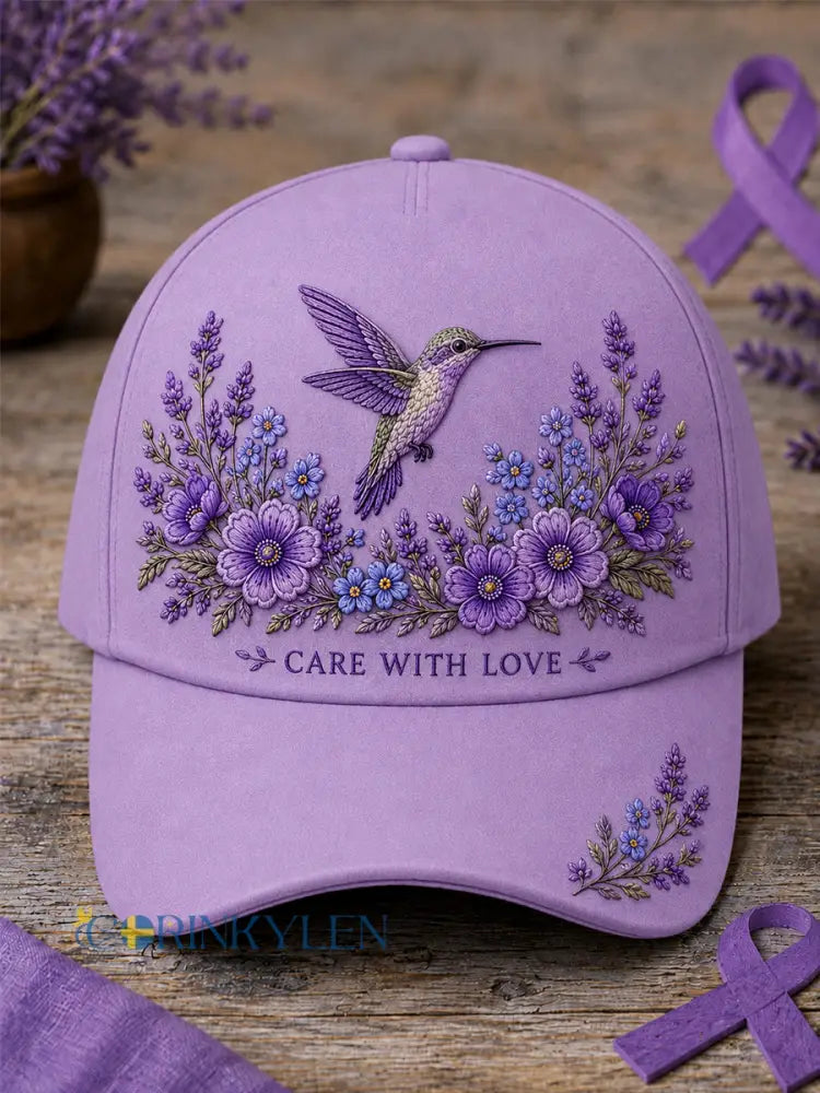 Unisex-luvslur med lila blom- och kolibriprint – stödhatt för medvetenhet om alzheimers sjukdom - lavendel / ONE